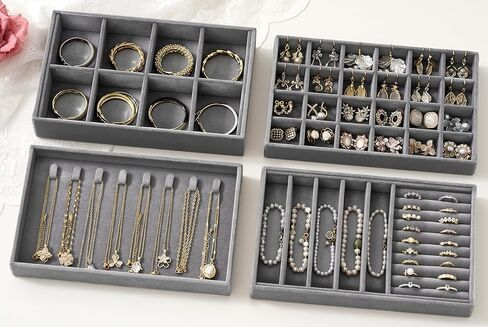 Velvet Jewelry Drawer Organizer Trays – Stackable Jewelry Organizer Storage Inserts Set, 4-Layer Jewelry Tray Set for Earrings, Rings, Necklaces, Bracelets with Removable Dividers for Dresser & Vanity in Saudi Arabia