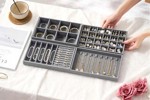 Velvet Jewelry Drawer Organizer Trays – Stackable Jewelry Organizer Storage Inserts Set, 4-Layer Jewelry Tray Set for Earrings, Rings, Necklaces, Bracelets with Removable Dividers for Dresser & Vanity in Saudi Arabia