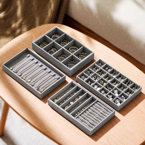 Velvet Jewelry Drawer Organizer Trays – Stackable Jewelry Organizer Storage Inserts Set, 4-Layer Jewelry Tray Set for Earrings, Rings, Necklaces, Bracelets with Removable Dividers for Dresser & Vanity in Saudi Arabia