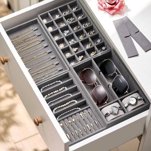 Velvet Jewelry Drawer Organizer Trays – Stackable Jewelry Organizer Storage Inserts Set, 4-Layer Jewelry Tray Set for Earrings, Rings, Necklaces, Bracelets with Removable Dividers for Dresser & Vanity in Saudi Arabia
