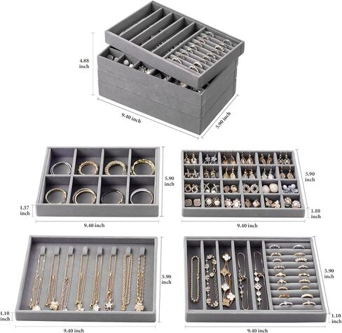 Velvet Jewelry Drawer Organizer Trays – Stackable Jewelry Organizer Storage Inserts Set, 4-Layer Jewelry Tray Set for Earrings, Rings, Necklaces, Bracelets with Removable Dividers for Dresser & Vanity in Saudi Arabia