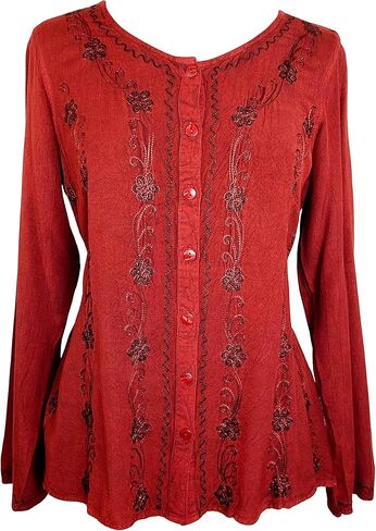Agan Traders Fall Long Sleeve Button Down Bohemian Tops for Women - Embroidered Blouse Shirt with Adjustable Rope Ties in Kuwait