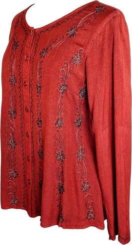 Agan Traders Fall Long Sleeve Button Down Bohemian Tops for Women - Embroidered Blouse Shirt with Adjustable Rope Ties in Kuwait