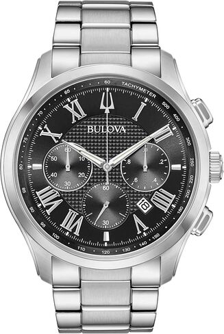 Bulova Men's Classic Wilton 3-Hand 21-Jewel Watch, 60 Hour Power Reserve, Luminous Hands, Open Aperture, Roman Numeral Markers Domed Sapphire Crystal, 43mm, Stainless Steel/Black Dial in Saudi Arabia