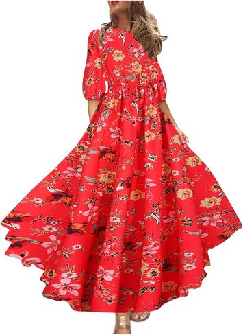 Womens Boho Floral Dresses Vintage Long Sleeve Crew Neck A Line Pleated Swing Flowy Maxi Dress Wedding Guest Dress in Kuwait