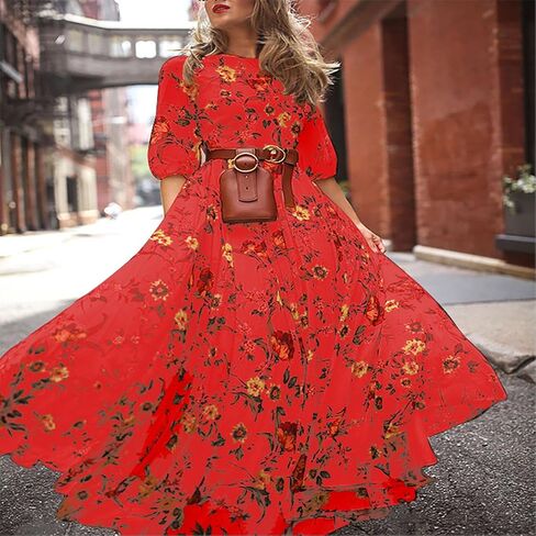 Womens Boho Floral Dresses Vintage Long Sleeve Crew Neck A Line Pleated Swing Flowy Maxi Dress Wedding Guest Dress in Kuwait