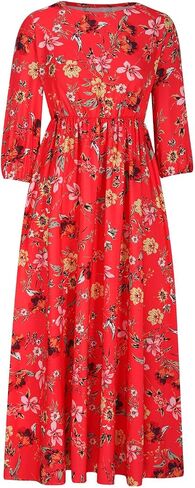 Womens Boho Floral Dresses Vintage Long Sleeve Crew Neck A Line Pleated Swing Flowy Maxi Dress Wedding Guest Dress in Kuwait