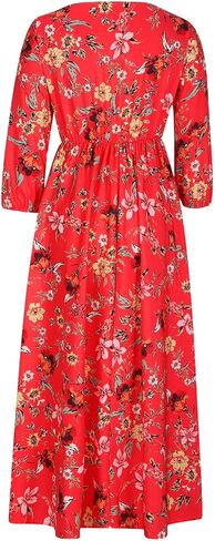 Womens Boho Floral Dresses Vintage Long Sleeve Crew Neck A Line Pleated Swing Flowy Maxi Dress Wedding Guest Dress in Kuwait