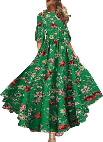Womens Boho Floral Dresses Vintage Long Sleeve Crew Neck A Line Pleated Swing Flowy Maxi Dress Wedding Guest Dress in Kuwait