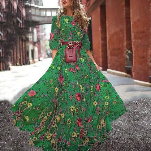 Womens Boho Floral Dresses Vintage Long Sleeve Crew Neck A Line Pleated Swing Flowy Maxi Dress Wedding Guest Dress in Kuwait