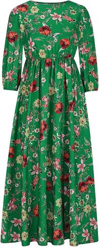 Womens Boho Floral Dresses Vintage Long Sleeve Crew Neck A Line Pleated Swing Flowy Maxi Dress Wedding Guest Dress in Kuwait