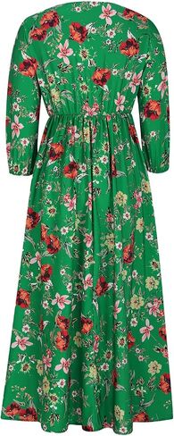 Womens Boho Floral Dresses Vintage Long Sleeve Crew Neck A Line Pleated Swing Flowy Maxi Dress Wedding Guest Dress in Kuwait