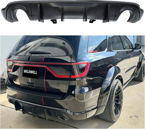 Wildwell الخلفية الوفير الناشر لعام 2011-2025 دودج Durango R/T SRT GT SXT ، Durango Diffuser Valance Fluitr Dual Tips Shark Fin Style Black in Kuwait