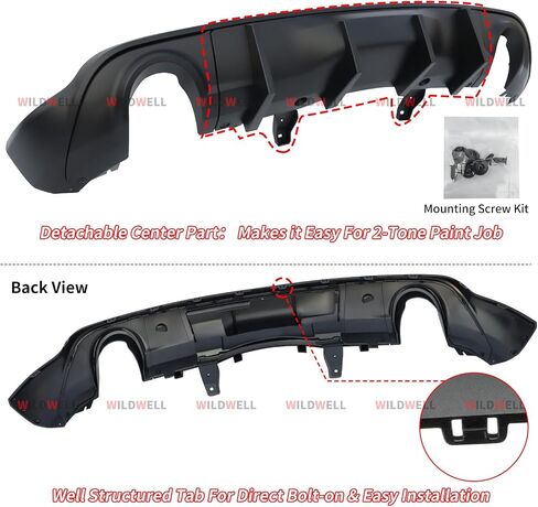 Wildwell الخلفية الوفير الناشر لعام 2011-2025 دودج Durango R/T SRT GT SXT ، Durango Diffuser Valance Fluitr Dual Tips Shark Fin Style Black in Kuwait