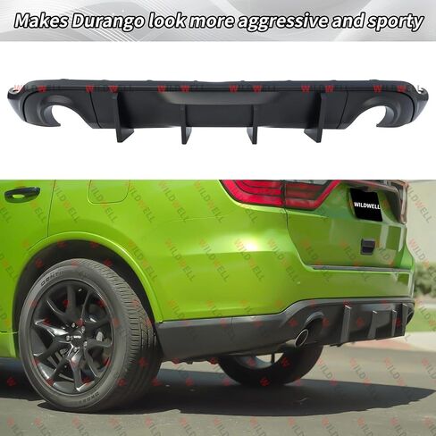 Wildwell الخلفية الوفير الناشر لعام 2011-2025 دودج Durango R/T SRT GT SXT ، Durango Diffuser Valance Fluitr Dual Tips Shark Fin Style Black in Kuwait