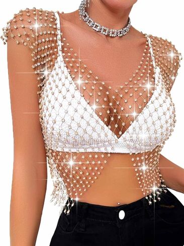 Nicute Women Sexy Mesh Rhinestone Top Sheer See Through Crop Top Sparkly White Crystal Bikini Cover Up Nightclub Cropped Tops in Saudi Arabia
