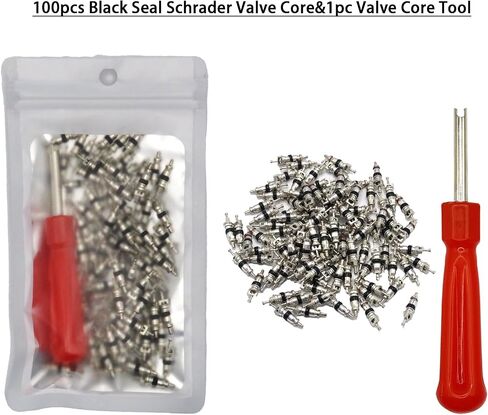 100Pcs Schrader Tire Valve Core and 1Pc Valve Core Removal Tool,Replacement for General Vehicles of Cars,Motorcycles,Bicycles and Trucks,Two Colors Seal Rubber Ring Available (Black) in Saudi Arabia