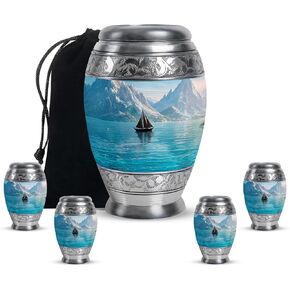 Boat Cremation Urn Human Ashes - Burial Ocean Small Urns for Men - Decorative Large Brown Urns for Ashes (Set of 4-10" & 3") in Saudi Arabia