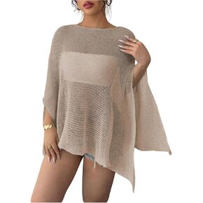 MakeMeChic Women's Sheer Poncho Top Crochet Poncho Shawl Knit Sweater Cover Up in Kuwait