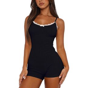 Lacozy Sexy One Piece Pajamas for Women Lightweight Lace Trim Cute Pjs U Neck Sleeveless Short Romper Onesie Sleepwear in Kuwait
