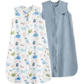 PHF 100% Muslin Cotton Baby Sleep Sacks, 0-6 Months Sleep Sack with 2-Way Zipper, 2 Pack Cooling Unisex 0.5 TOG Breathable Small Size Sleeveless Baby Wearable Blanket, Blue & Green in Kuwait