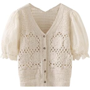 Women's Knitted Short Sleeve Cutout Puff Sleeve V-Neck Cardigan Summer Korean Style Casual Shirt Top White S in Saudi Arabia