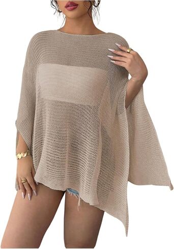 MakeMeChic Women's Sheer Poncho Top Crochet Poncho Shawl Knit Sweater Cover Up in Kuwait