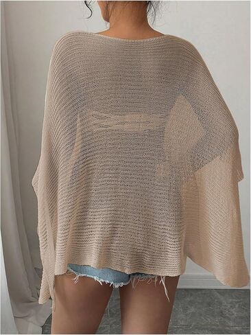 MakeMeChic Women's Sheer Poncho Top Crochet Poncho Shawl Knit Sweater Cover Up in Kuwait
