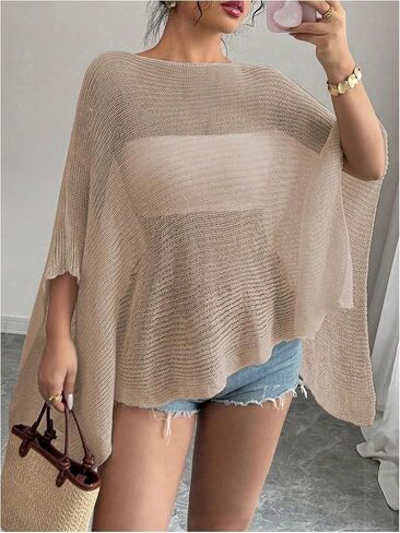 MakeMeChic Women's Sheer Poncho Top Crochet Poncho Shawl Knit Sweater Cover Up in Kuwait