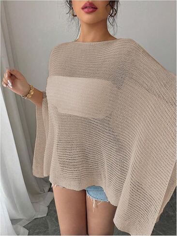 MakeMeChic Women's Sheer Poncho Top Crochet Poncho Shawl Knit Sweater Cover Up in Kuwait