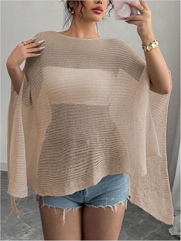 MakeMeChic Women's Sheer Poncho Top Crochet Poncho Shawl Knit Sweater Cover Up in Kuwait