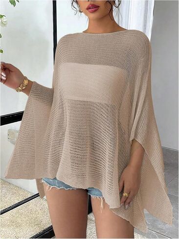 MakeMeChic Women's Sheer Poncho Top Crochet Poncho Shawl Knit Sweater Cover Up in Kuwait