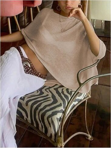 Makemechic Women's Women's Poncho Top Crochet Knit Beach Cover Up Tops Summer Drugh in Kuwait