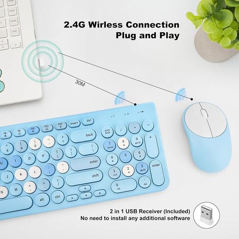 Wireless Keyboard and Mouse Combo, Retro Typewriter Wireless Keyboard with Round Keycaps, 2.4GHz Full-Size USB Cute Wireless Keyboard Mouse for Computer, Desktop, Laptop (A Milk Tea Colorful) in Kuwait