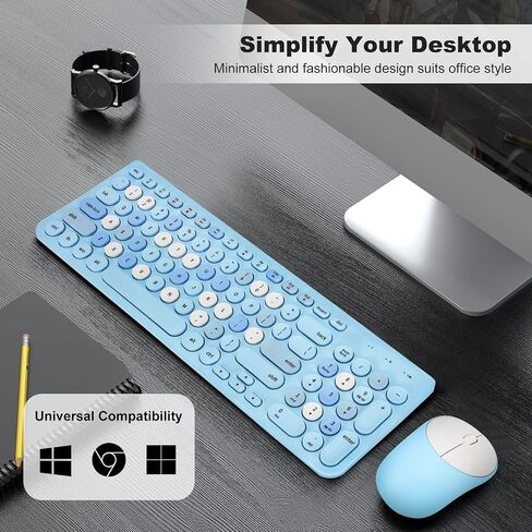 Wireless Keyboard and Mouse Combo, Retro Typewriter Wireless Keyboard with Round Keycaps, 2.4GHz Full-Size USB Cute Wireless Keyboard Mouse for Computer, Desktop, Laptop (A Milk Tea Colorful) in Kuwait