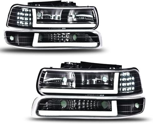 PIT66 LED DRL ANDERMBLY ASSEMBLY متوافقة مع Chevy Silverado 1999 2000 2001/ Suburban Tahoe 2000-2006 Front Headamp ، Smoky Lens Black Housing Amber Reflector in Kuwait