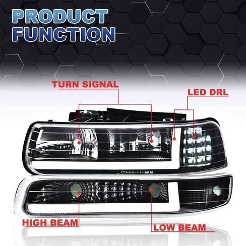 PIT66 LED DRL ANDERMBLY ASSEMBLY متوافقة مع Chevy Silverado 1999 2000 2001/ Suburban Tahoe 2000-2006 Front Headamp ، Smoky Lens Black Housing Amber Reflector in Kuwait