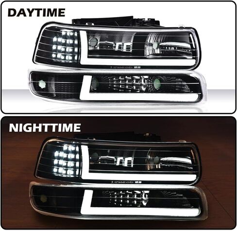 PIT66 LED DRL ANDERMBLY ASSEMBLY متوافقة مع Chevy Silverado 1999 2000 2001/ Suburban Tahoe 2000-2006 Front Headamp ، Smoky Lens Black Housing Amber Reflector in Kuwait