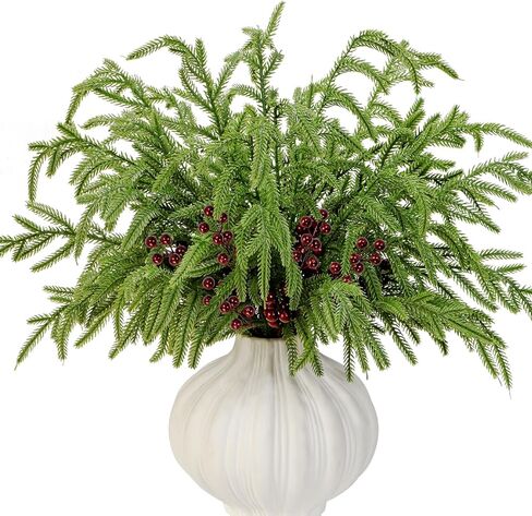 فروع الصنوبر نورفولك التوت الأحمر ينبع 17 "الخضرة الاصطناعية عيد الميلاد يختار إبر الصنوبر وهمية مع التوت هولي لشجرة عيد الميلاد حشو زينة مهرجان عطلة زهرية DIY جارلاند الحرفية (8، الثلج) in Kuwait