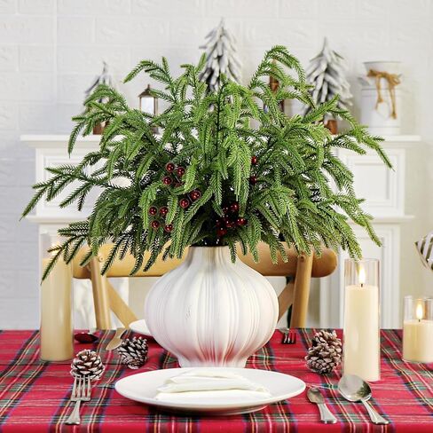 فروع الصنوبر نورفولك التوت الأحمر ينبع 17 "الخضرة الاصطناعية عيد الميلاد يختار إبر الصنوبر وهمية مع التوت هولي لشجرة عيد الميلاد حشو زينة مهرجان عطلة زهرية DIY جارلاند الحرفية (8، الثلج) in Kuwait