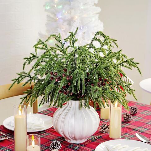 فروع الصنوبر نورفولك التوت الأحمر ينبع 17 "الخضرة الاصطناعية عيد الميلاد يختار إبر الصنوبر وهمية مع التوت هولي لشجرة عيد الميلاد حشو زينة مهرجان عطلة زهرية DIY جارلاند الحرفية (8، الثلج) in Kuwait