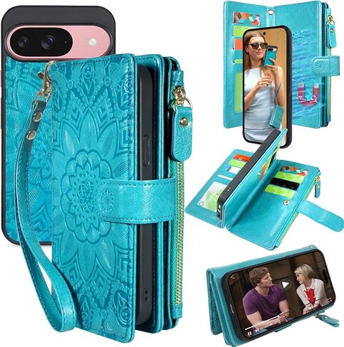 Harryshell Detachable Wallet Leather Case Compatible with Google Pixel 9/9 Pro 2024 Magnetic Phone Case Zipper with Cash Coin Pocket Multi Card Slots Holder Wrist Strap Lanyard (Flower Black) in Kuwait