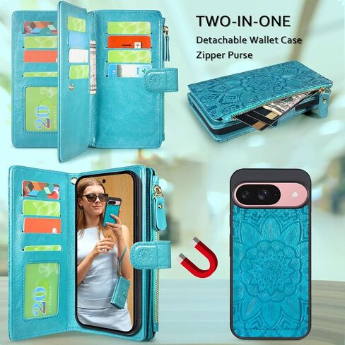 Harryshell Detachable Wallet Leather Case Compatible with Google Pixel 9/9 Pro 2024 Magnetic Phone Case Zipper with Cash Coin Pocket Multi Card Slots Holder Wrist Strap Lanyard (Flower Black) in Kuwait