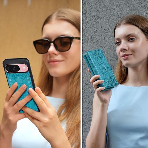 Harryshell Detachable Wallet Leather Case Compatible with Google Pixel 9/9 Pro 2024 Magnetic Phone Case Zipper with Cash Coin Pocket Multi Card Slots Holder Wrist Strap Lanyard (Flower Black) in Kuwait