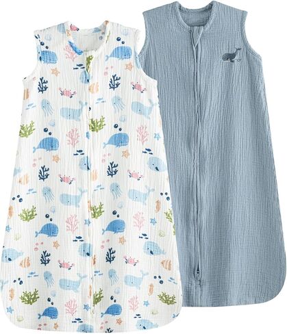 PHF 100% Muslin Cotton Baby Sleep Sacks, 0-6 Months Sleep Sack with 2-Way Zipper, 2 Pack Cooling Unisex 0.5 TOG Breathable Small Size Sleeveless Baby Wearable Blanket, Blue & Green in Kuwait