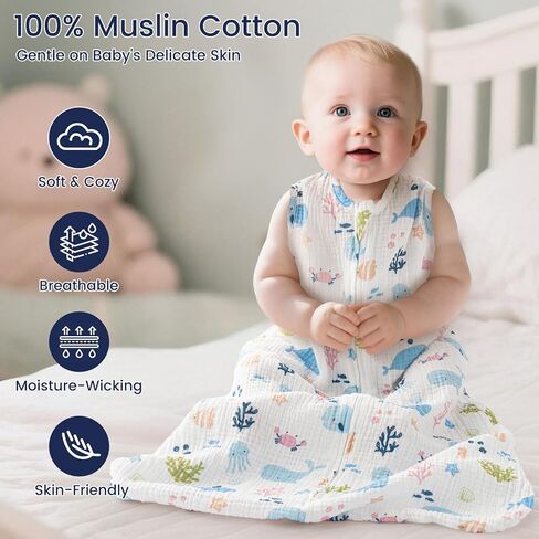 PHF 100% Muslin Cotton Baby Sleep Sacks, 0-6 Months Sleep Sack with 2-Way Zipper, 2 Pack Cooling Unisex 0.5 TOG Breathable Small Size Sleeveless Baby Wearable Blanket, Blue & Green in Kuwait