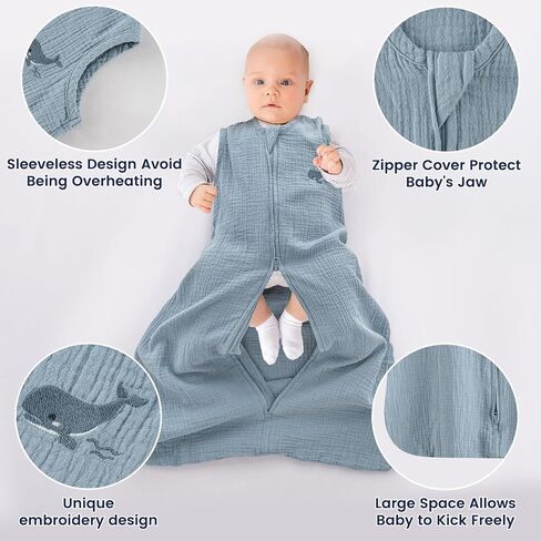 PHF 100% Muslin Cotton Baby Sleep Sacks, 0-6 Months Sleep Sack with 2-Way Zipper, 2 Pack Cooling Unisex 0.5 TOG Breathable Small Size Sleeveless Baby Wearable Blanket, Blue & Green in Kuwait