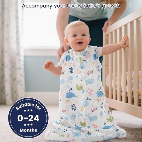 PHF 100% Muslin Cotton Baby Sleep Sacks, 0-6 Months Sleep Sack with 2-Way Zipper, 2 Pack Cooling Unisex 0.5 TOG Breathable Small Size Sleeveless Baby Wearable Blanket, Blue & Green in Kuwait
