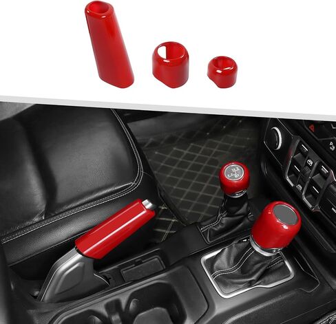 Jimen Fit for Jeep Wrangler JL JLU Gladiator JT 2018-2025, 4WD and Gear Shifter Knob Trim & Emergency Brake Handle Cover (Red) in Saudi Arabia
