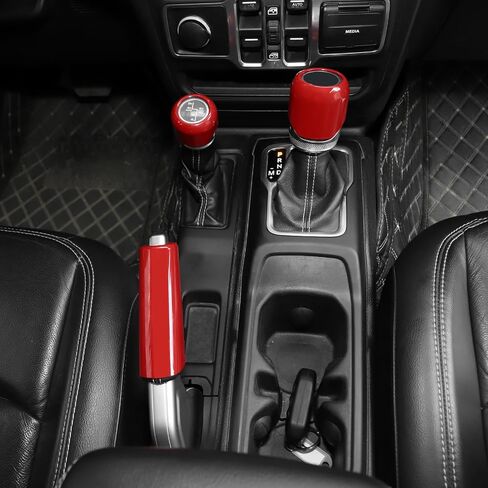 Jimen Fit for Jeep Wrangler JL JLU Gladiator JT 2018-2025, 4WD and Gear Shifter Knob Trim & Emergency Brake Handle Cover (Red) in Saudi Arabia